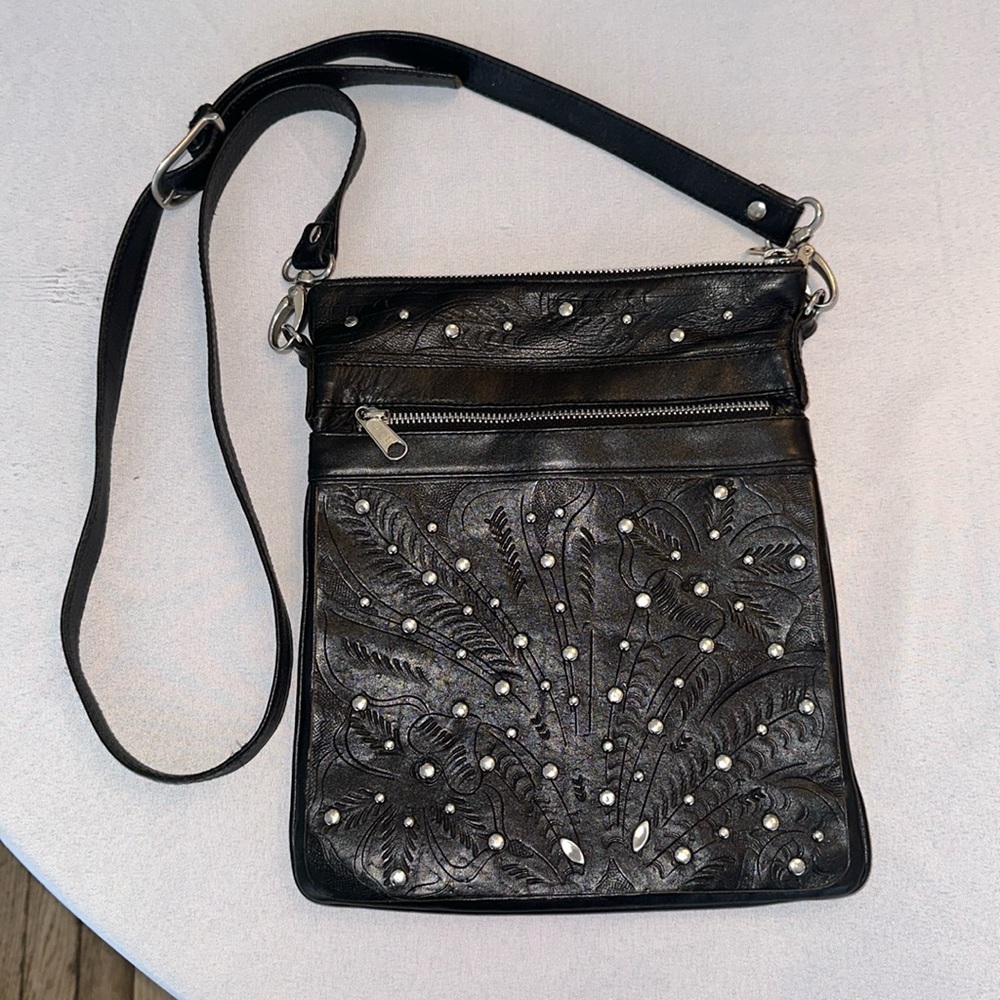 JL Saldivar black leather studded and embossed satchel bag purse crossbody 11x9”